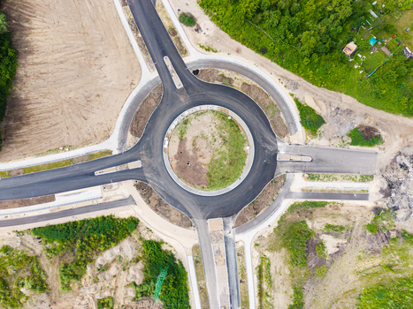 Aerial view of a newly constructed roundabout as part of the Southern Bridge project infrastructure in Riga Latvia. Aerial view of a newly constructed roundabout as part of the Southern Bridge project infrastructure in Riga Latvia.