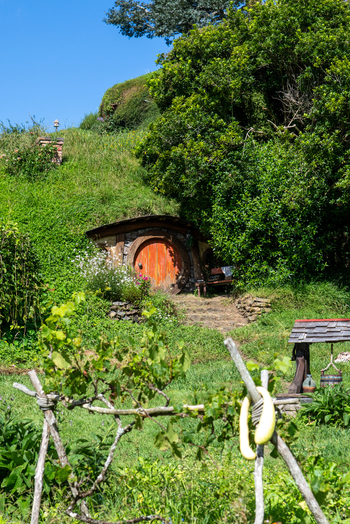 View of a cozy hobbit hole nestled into a lush green hillside with a vibrant orange door Hobbiton Movie Set Waikato Region New Zealand. View of a cozy hobbit hole nestled into a lush green hillside with a vibrant orange door Hobbiton Movie Set Waikato Region New Zealand.