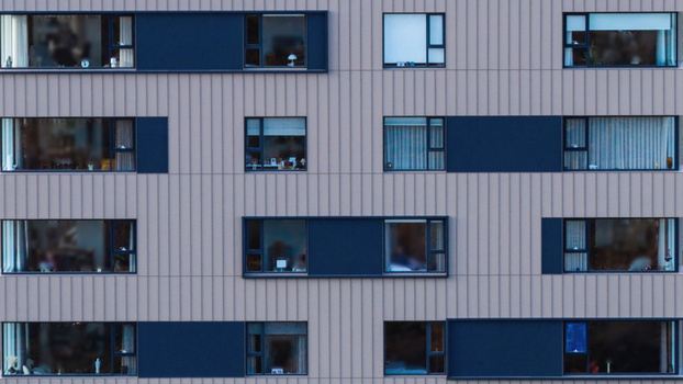 Aerial view of apartment complex with modern facade and rectangular windows Delft Iceland. Aerial view of apartment complex with modern facade and rectangular windows Delft Iceland.