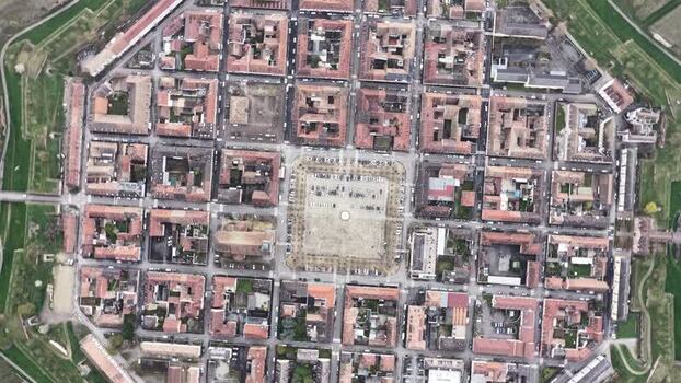 Aerial view of grid patterned city France.