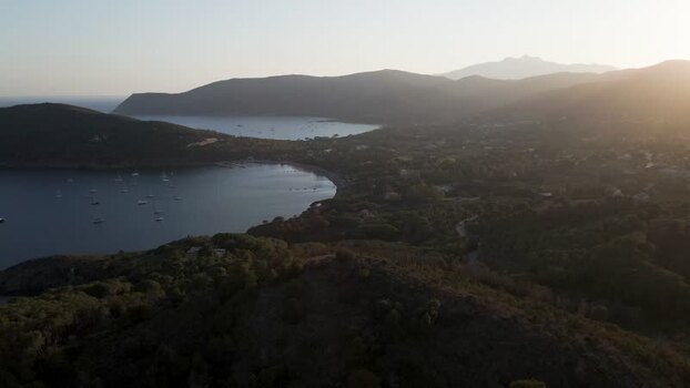 Aerial View of Lacona bay at sunset Elba Island Tuscany Italy.