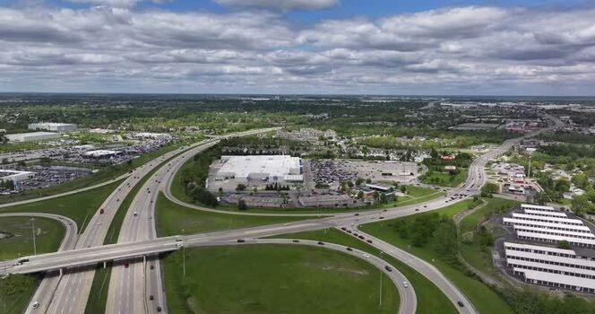 Aerial view of highway interchange and commercial area United States.