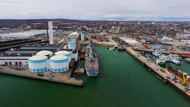 Aerial view of tanks ship and pier in Quincy United States.