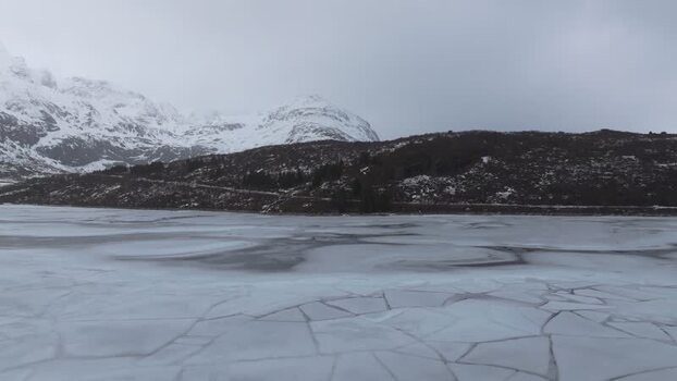Aerial view of Lofoten frozen lake in Vagan Municipality Norway.