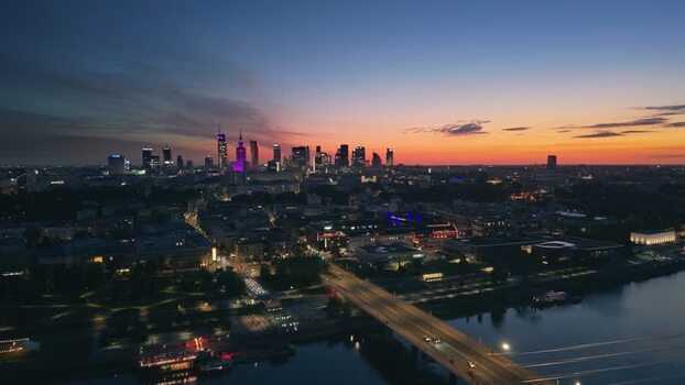 Aerial view of the Warsaw skyline at sunset Poland.