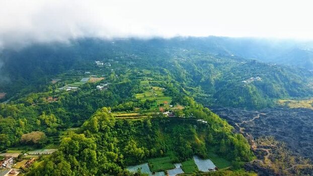 Aerial view of South Batur volcanic landscape in Kintamani Indonesia.