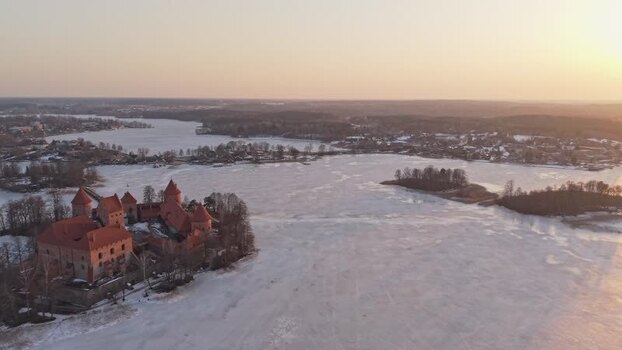Aerial view of Trakai Castle on Lake Galve Lithuania.