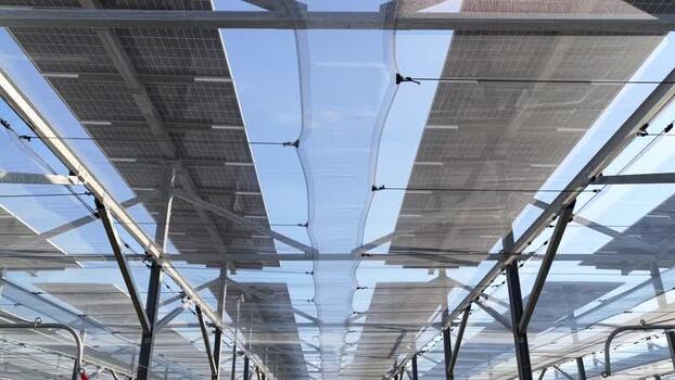 Aerial view of solar panels in Faenza Italy.