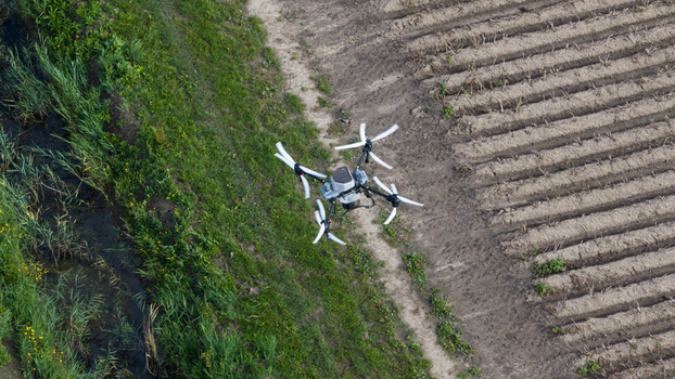 Aerial view of a drone flying over a rural landscape with a dirt path separating a grassy area and a plowed agricultural field in Zeewolde Flevoland Netherlands. Aerial view of a drone flying over a rural landscape with a dirt path separating a grassy area and a plowed agricultural field in Zeewolde Flevoland Netherlands.