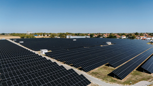 Aerial view of a large solar farm with rows of photovoltaic panels under a clear blue sky in Temerin Vojvodina Serbia. Aerial view of a large solar farm with rows of photovoltaic panels under a clear blue sky in Temerin Vojvodina Serbia.