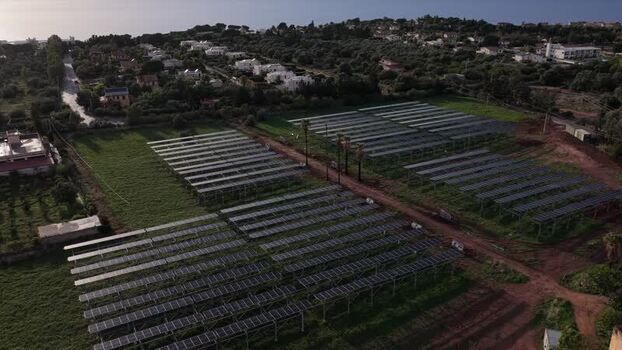Aerial view of solar panels in Terrasini Italy.
