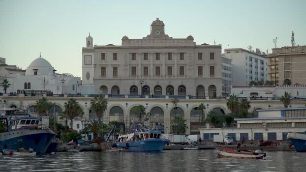 Aerial view of Grande Poste d Alger and harbor Algeria.