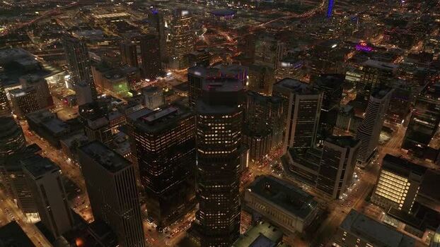 Aerial view of the illuminated Denver city skyline United States.