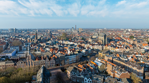Aerial view of the historic city of Leiden with its traditional Dutch architecture narrow streets and the prominent Hooglandse Kerk in Leiden South Holland Netherlands.
