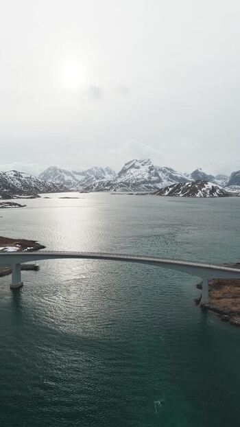 Aerial view of Flakstadbruene bridge Norway.