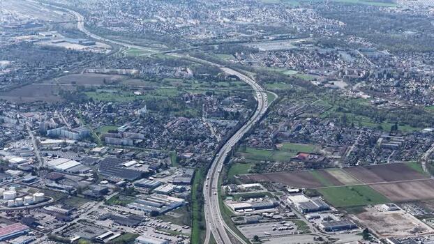 Aerial view of highways and buildings France.