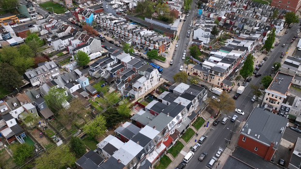 Aerial view of residential neighborhood with rows of houses streets and cars in Reading Pennsylvania United States. Aerial view of residential neighborhood with rows of houses streets and cars in Reading Pennsylvania United States.