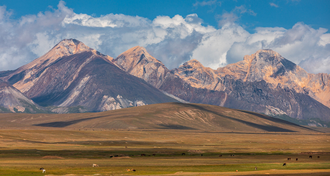 View of the majestic mountain range rising above the vast grassy plains with grazing livestock under a cloudy blue sky in At Bashi District Naryn Region Kyrgyzstan. View of the majestic mountain range rising above the vast grassy plains with grazing livestock under a cloudy blue sky in At Bashi District Naryn Region Kyrgyzstan.