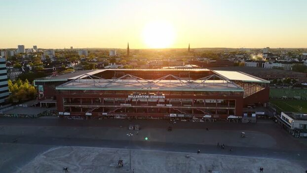 Aerial view of Millerntor Stadion during a golden sunset in Hamburg Germany. Aerial view of Millerntor Stadion during a golden sunset in Hamburg Germany.