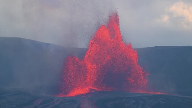 View of a fiery volcanic eruption United States.