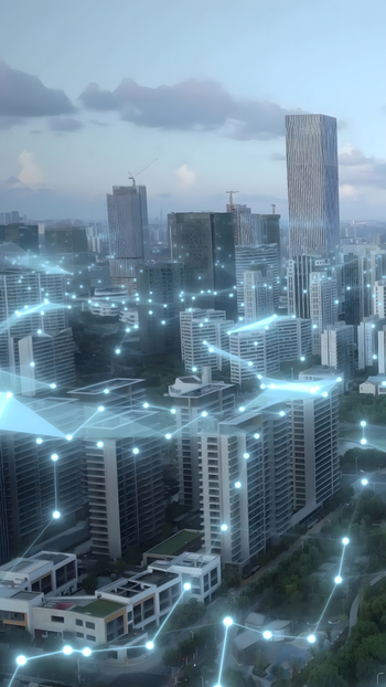 Aerial view of modern skyscrapers and high rise apartment buildings in a dense urban landscape with a digital network overlay connecting points of light Bangkok Bangkok Thailand.