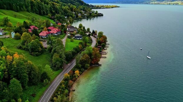 Aerial view of Attersee lake in Vocklabruck District Austria.