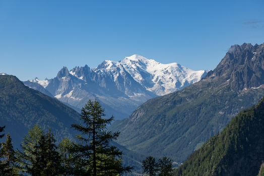 View of the snow capped Mont Blanc massif rising above lush green alpine valleys and pine forests under a clear blue sky in Le Chatelard Fribourg Switzerland. View of the snow capped Mont Blanc massif rising above lush green alpine valleys and pine forests under a clear blue sky in Le Chatelard Fribourg Switzerland.