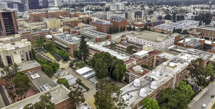 Aerial view of the UCLA campus featuring historic brick buildings lush green trees and pedestrian walkways in Westwood California United States.