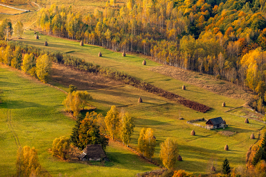 Brasov Romania 21 September 2026 Aerial view of rural landscape with traditional haystacks autumn foliage and small wooden houses in the countryside. Brasov Romania 21 September 2026 Aerial view of rural landscape with traditional haystacks autumn foliage and small wooden houses in the countryside.