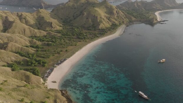 Aerial view of Komodo Island and turquoise waters Indonesia.