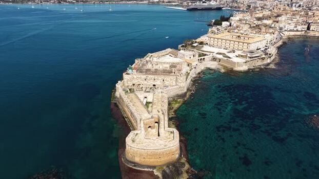 Aerial view of Castello Maniace on Ortygia island Italy.