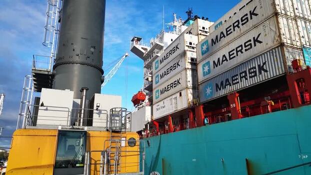 Aerial view of Port Nelson and a Maersk container ship New Zealand. Aerial view of Port Nelson and a Maersk container ship New Zealand.