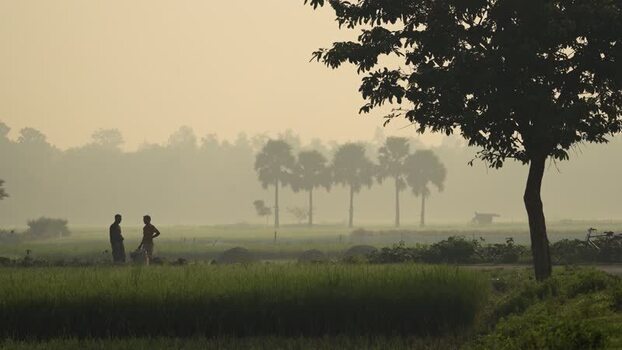 View of people standing in a rural field at dawn Bangladesh.