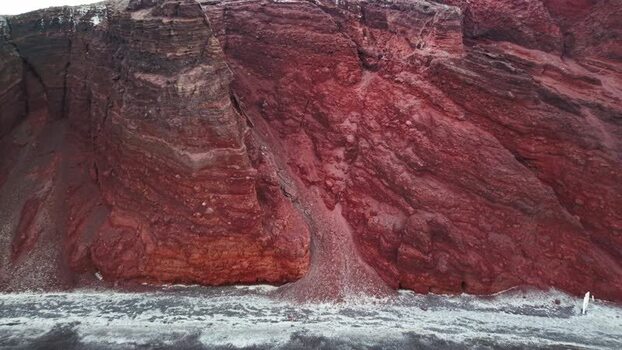 Aerial view of Red beach volcanic cliffs Greece.