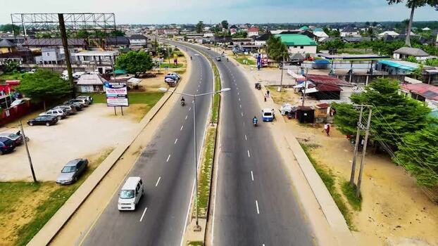 Aerial view of a highway with traffic in Nigeria.