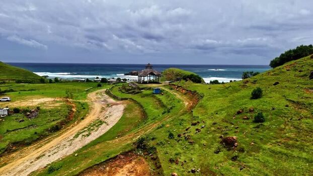 Aerial view of coastal pavilion in Indonesia.