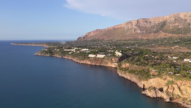 Aerial view of the rugged coastline of Terrasini Italy.