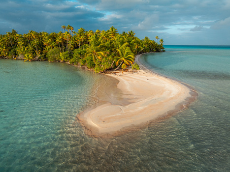 Aerial view of a pristine white sandbar surrounded by turquoise lagoon waters and lush tropical palm trees under a soft cloudy sky Moorea Maiao Windward Islands French Polynesia. Aerial view of a pristine white sandbar surrounded by turquoise lagoon waters and lush tropical palm trees under a soft cloudy sky Moorea Maiao Windward Islands French Polynesia.