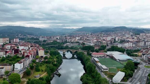 Aerial view of Ponte Vella de Ourense and the Minho River Spain. Aerial view of Ponte Vella de Ourense and the Minho River Spain.