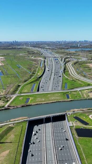 Aerial view of Aquaduct Vechtzicht and highway traffic Netherlands.
