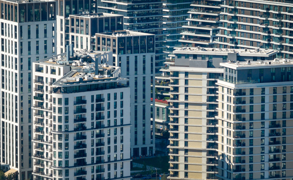 Aerial view of modern residential high rise buildings in the Belgrade Waterfront development with glass facades and balconies in Belgrade City of Belgrade Serbia. Aerial view of modern residential high rise buildings in the Belgrade Waterfront development with glass facades and balconies in Belgrade City of Belgrade Serbia.