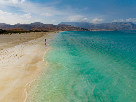 Aerial view of turquoise waters gently kiss the golden shores a solitary figure graces the serene landscape against the backdrop of rugged mountains Shoab beach Socotra Yemen. Aerial view of turquoise waters gently kiss the golden shores a solitary figure graces the serene landscape against the backdrop of rugged mountains Shoab beach Socotra Yemen.
