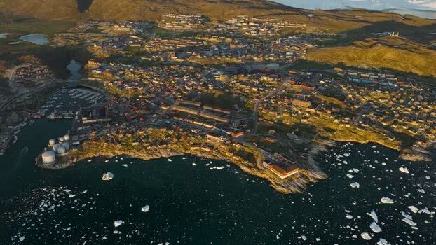 Aerial view of Ilulissat town and coastline Greenland. Aerial view of Ilulissat town and coastline Greenland.
