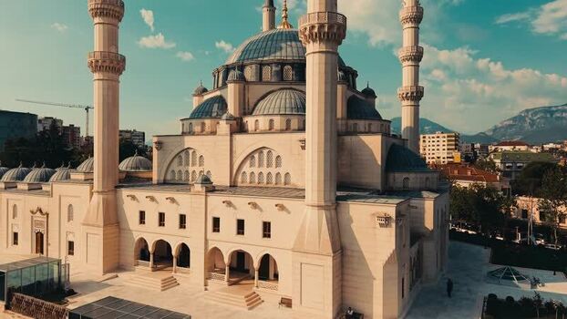 Aerial view of Mosque of Namazgah and minarets Albania. Aerial view of Mosque of Namazgah and minarets Albania.