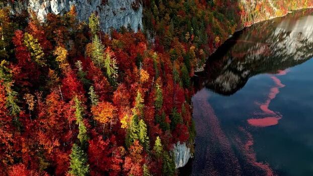 Aerial view of Attersee in autumn Austria.