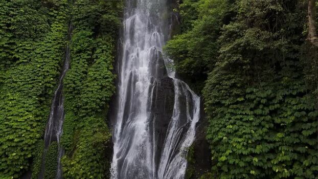 Aerial view of cascading waterfall in lush forest Indonesia.