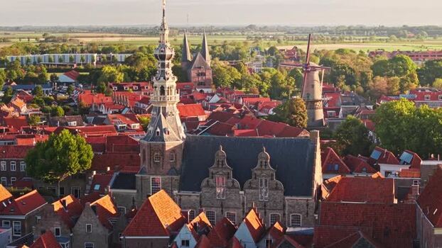 Aerial view of Zierikzee with historic church and windmill Netherlands.