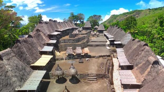 Aerial view of Bena Traditional Village with thatched roof houses Indonesia. Aerial view of Bena Traditional Village with thatched roof houses Indonesia.