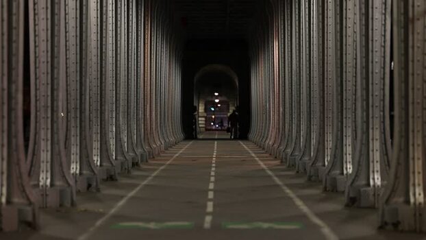 View of the steel colonnade of Bir Hakeim bridge at night France.