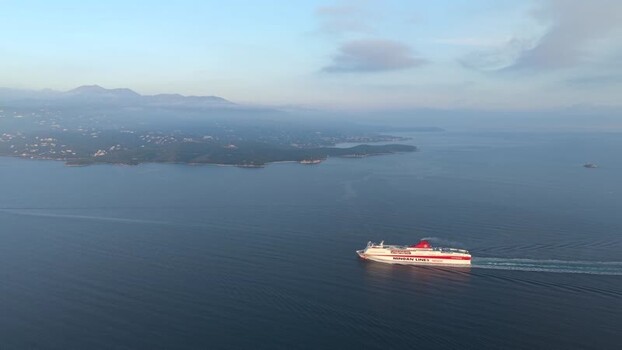 Aerial view of a ferry in the Straits of Corfu Albania.